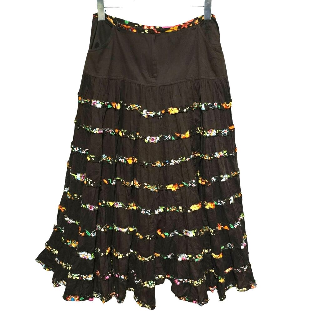 Vintage 90's Nikky Maxi Skirt Brown Full Tiered Floral Ruffles Cotton 30" Waist